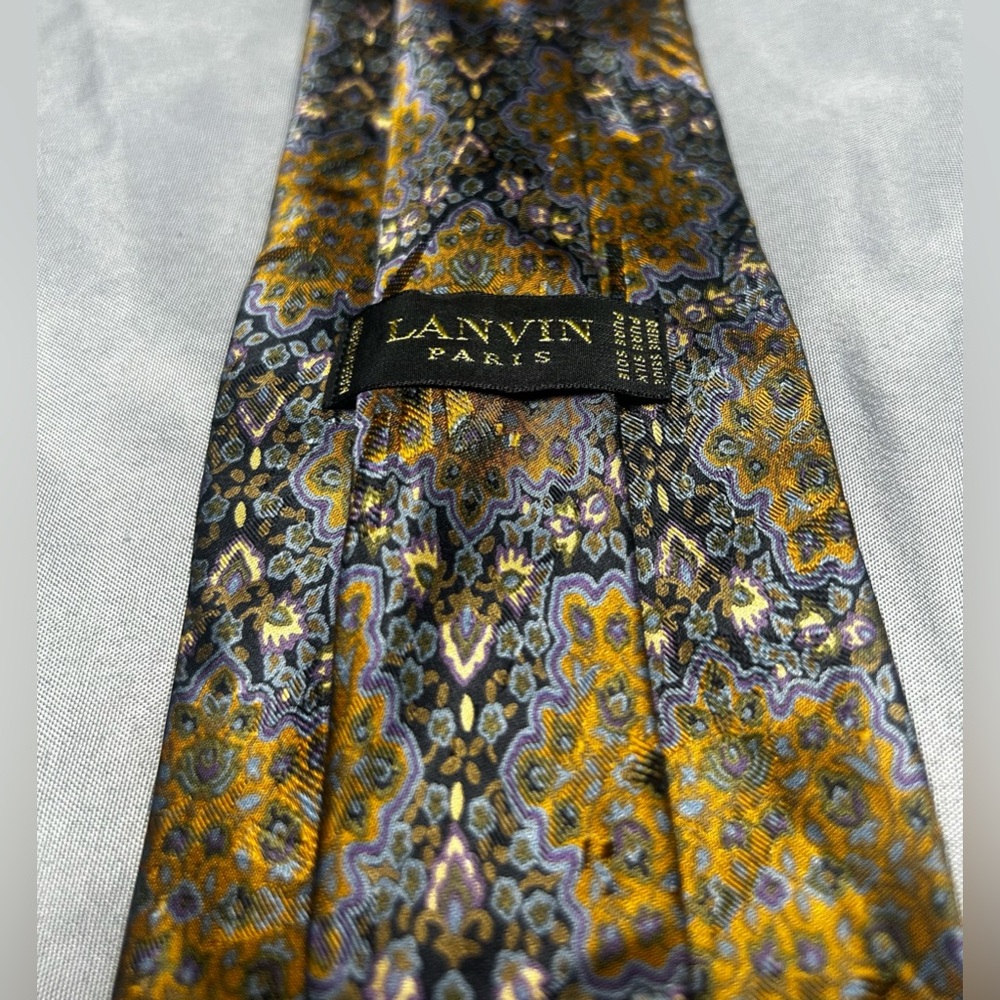 Men’s Lanvin Gold Blue Black Geometric Regular Designer Silk France Tie - Picture 2 of 4